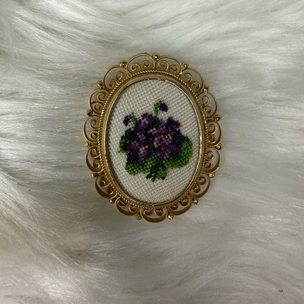 Vintage  Vienna Petit Point Embroided Brooch